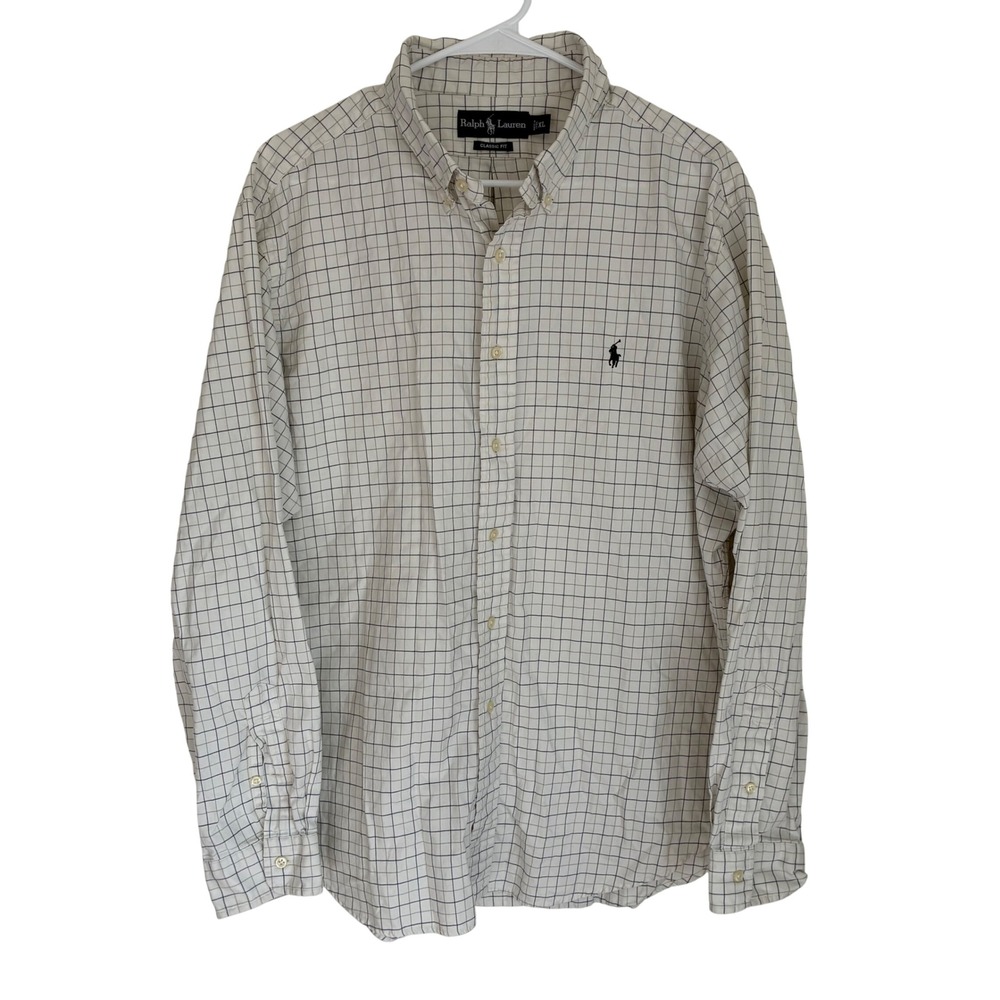 Ralph Lauren Mens XL Classic Fit Button‎ Down Shirt Cream Navy Windowpane Check